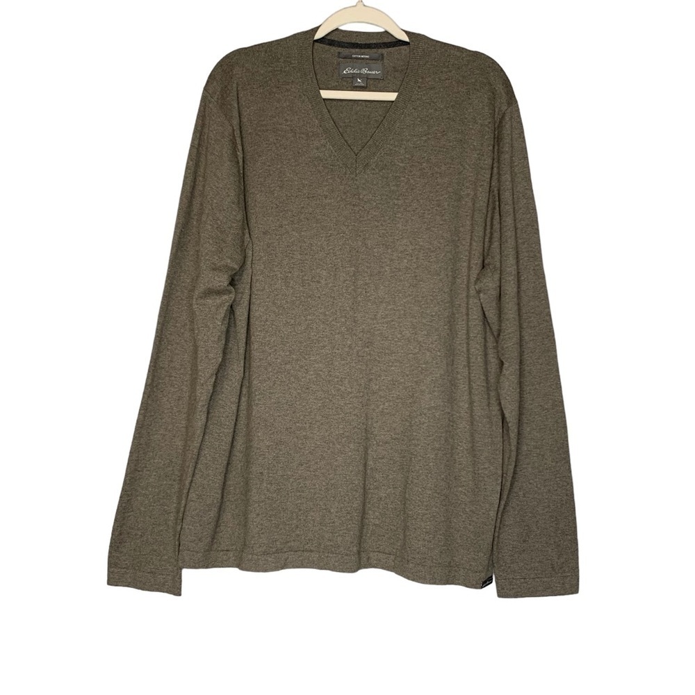 Eddie Bauer cotton‎ merino wool heathered tan grey v-neck sweater. Size XL